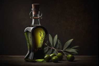 Sağlıklı Akdeniz diyetini sembolize eden, ahşap bir masada zeytinli ekstra saf zeytin yağı şişesi. Organik, saf ve lezzetlidir, EVOO geleneksel ve modern mutfaklarda kullanılan doğal bir baharattır, her yemeğe aroma ve besin katar.