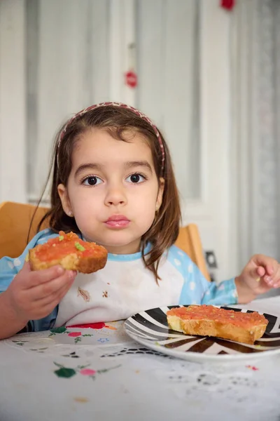 Little Girl Looking Camera While Having Toast Tomato Avocado Breakfast — Stock Photo, Image
