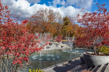 Shevchenko Şehir Bahçesi 'nde çeşmeleri olan kırmızı ve altın sonbahar ağaçları. Şehir parkında turistik ilgi, Harkiv Ukrayna