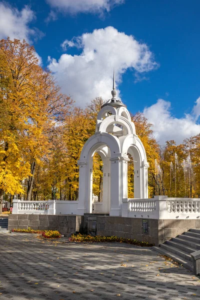Ayna deresi oyuğu ve çeşme Sonbahar sarı ağaçları ve mavi güneşli gökyüzü ile Kharkiv şehir merkezi parkı, Ukrayna