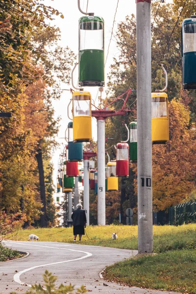 Sonbahar Şehir Parkında Altın Ağaçlı Cableway Kulübeleri — Stok fotoğraf