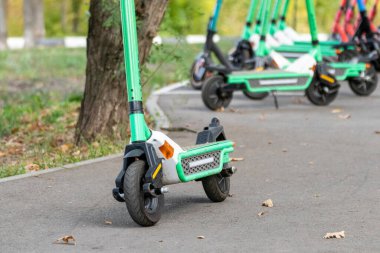 Elektrikli scooter 'lar sonbahar caddelerine park ediyorlar. Genel e-scooter 'ı bulanık arkaplan, yeşil popüler ulaşım