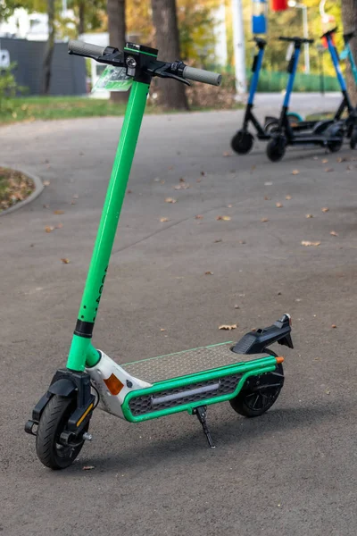 Electric Scooters Parking Autumn City Recreation Area Public Scooter Green — Stock Photo, Image