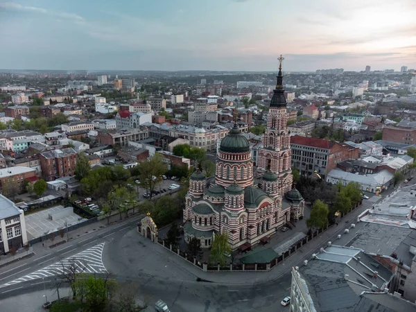 Santa Anunciação Catedral Vista Aérea Com Céu Cênico Noite Kharkiv — Fotografia de Stock