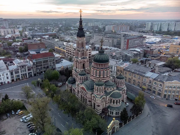 Ιερός Ευαγγελισμός Καθεδρικός Ναός Εναέρια Θέα Ηλιοβασίλεμα Χρυσό Cloudscape Kharkiv — Φωτογραφία Αρχείου