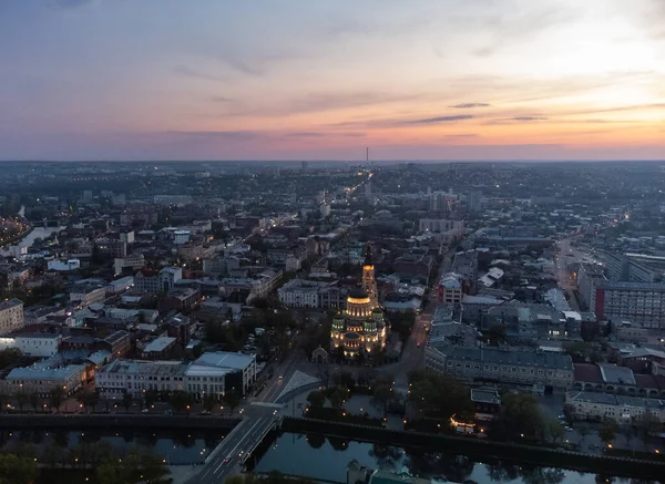 Mariä Verkündigung Kathedrale Mit Lichterglanz Und Abenduntergang Malerische Wolkenlandschaft Luftaufnahme — Stockfoto