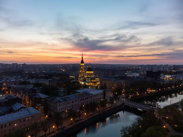 Mariä Verkündigung Kathedrale Mit Lichterglanz Und Abendsonne Lebendige Wolkenlandschaft Luftaufnahme — Stockfoto