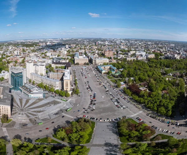 stock image Aerial panorama on Svobody Square with historic buildings with sunset sky. Kharkiv, Ukraine in spring