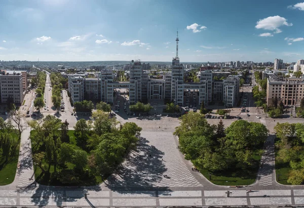 Letecké Širokoúhlé Panorama Derzhpromu Náměstí Svobody Centru Města Charkov Ukrajina — Stock fotografie