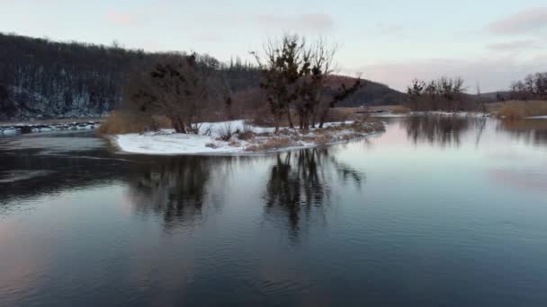 Vinter Flod Antenn Panorera Med Natursköna Reflektion Träd Snöig Kust — Stockvideo