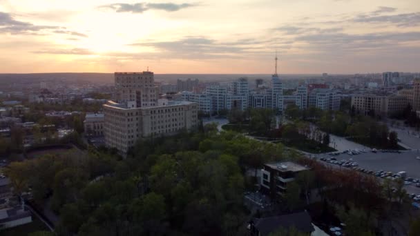 Sunset City Antenn Utsikt Över Freedom Svobody Square Derzhprom Och — Stockvideo