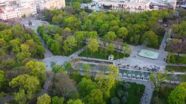 Повітряний Нахил Вниз Вид Фонтани Зеленому Весняному Міському Саду Імені — стокове відео