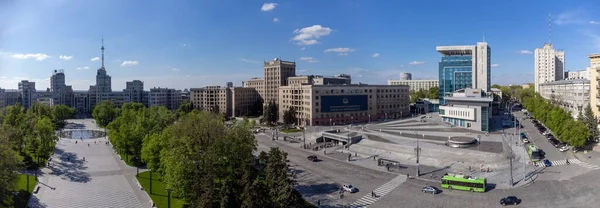 Aerial View Derzhprom Karazin University Buildings Freedom Square Fountain Spring — Stock Photo, Image