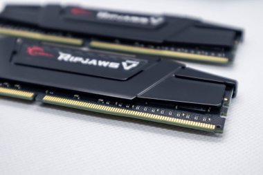 Kyiv, Ukrayna - 05 Ocak 2022: G.Skill Ripjaws V serisi DDR4 DRAM hafıza modülleri. Bilgisayar RAM çipi beyaza yakın çekim yapıyor. Montaj için masaüstü bilgisayar belleği parçaları
