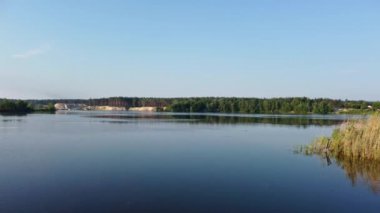 Gökyüzü güneşli mavi göl, su yüzeyinde ağaçların ve kamışların ayna yansıması, hızlı ark uçan görüntüler.