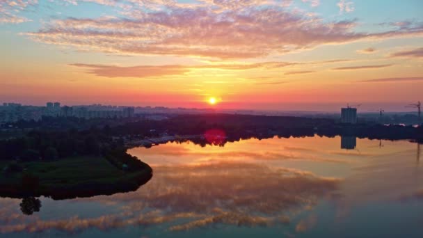Aerial Dolly Pull Out Footage Sunrise Sky Lake Clouds Reflecting — Stock Video