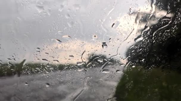 Дощ Вітровому Склі Дивиться Крізь Краплі Похмурим Розмитим Тлом Муді — стокове відео