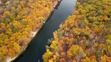 Sonbahar havası nehir kıyısında canlı bir ormanla nehre bakıyor. Yansıtıcı ayna su yüzeyine sahip sonbahar doğası