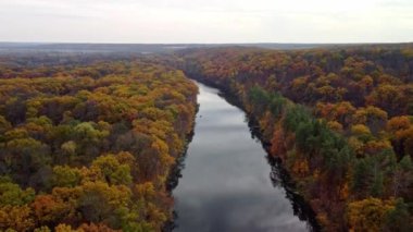 Nehrin aşağısında sonbahar havası ve nehir kıyısında renkli orman manzarası. Ukrayna 'daki Siverskyi Donets Nehri' ndeki Kazak Dağı 'nın yanında.