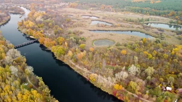 乌克兰Korobovy Hutora Koropove村 的空中背向后俯瞰河流与秋季树木和娱乐区之间的桥梁 — 图库视频影像