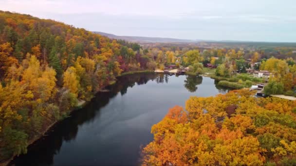 Flygfoto Panorera Floden Med Höst Pulserande Färgglada Träd Och Rekreationsområde — Stockvideo