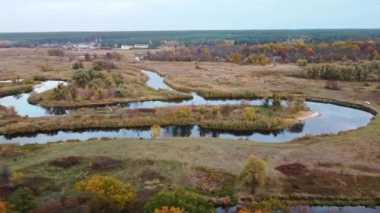 Sonbahar vadisinde nehir eğrisi üzerinde sazlıklar, ağaçlar ve köyün yakınındaki toprak yol üzerinde hava uçuşları. Ukrayna kırsalındaki Siverskyi Donets Nehri
