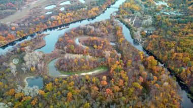 Sonbahar hava filosu nehir kıyısında canlı ağaçlarla nehir vadisine bakıyor. Sakin su yüzeyi olan sonbahar doğası