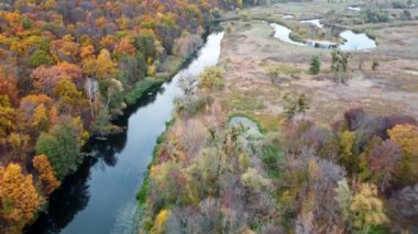 Nehrin üzerinde nehir kıyısında canlı renkli ağaçlarla havadan ters uçuş. Siverskyi 'de sonbahar sakin suyla Donets nehri