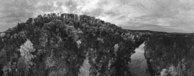Nehir üzerindeki hava manzarası, nehir kıyısındaki ağaçlar siyah beyaz, gri tonda.