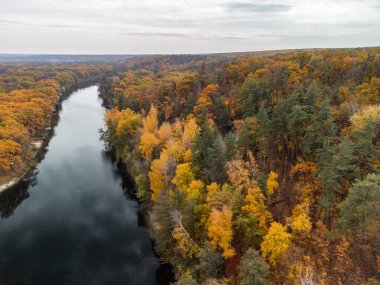 Nehirde sonbahar havası ve nehir kıyısında renkli ağaçlar. Ukrayna 'da Sonbahar Siverskyi Donets Nehri