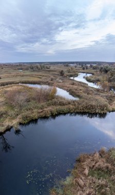 Nehir vadisi, sazlıklar, çıplak ağaçlar ve Ukrayna kırsalında mavi bulutlu gökyüzü
