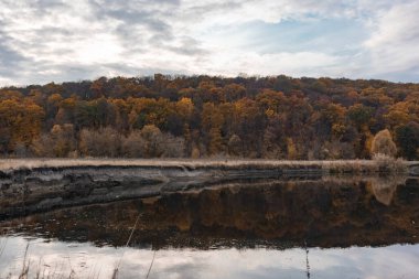 Riverside 'da Yansımalı Ağaçlarla Sonbahar Nehri Dönüşü. Ukrayna 'da Sonbahar Siverskyi Donets Nehri