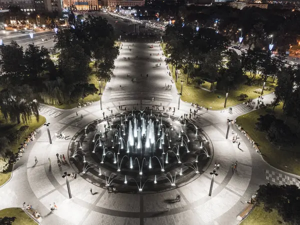 stock image Night aerial view of Freedom Square with fountain in Kharkiv, Ukraine from above