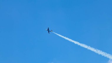 Mavi Aero L-29 Delfin jet uçağı. Mavi gökyüzü arka planında hava gösterisi akrobasisi var.