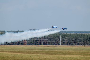 Aero L-29 Delfin jet uçakları, havacılık gösterisi için kalkış pisti alanı zıt.