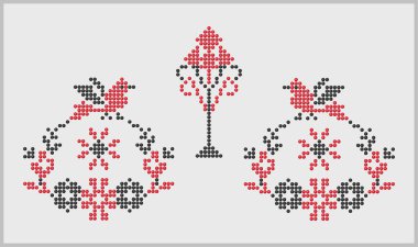 Geleneksel Güney Ukrayna simetrik nakış ve boncuklar sanat deseni, kuşlarla süslenmiş etnik süs