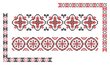 Geleneksel vyshyvanka piksel kırmızı ve siyah desenler Ukrayna 'dan, kenarlardan ve köşelerden gelen süsler