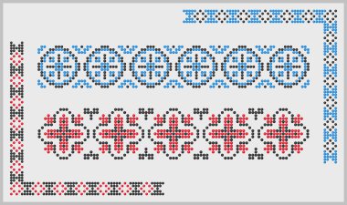 Mavi, kırmızı ve siyah boncuklu köşeler ve sınır desenleri etnik sanatın süsleri