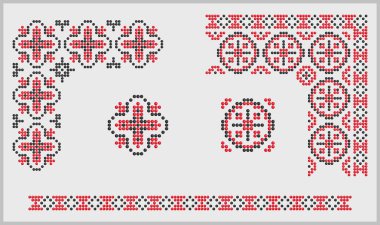 Boncuklu kırmızı ve siyah kenarlar ve köşeli elementler geleneksel Ukrayna vyshyvanka süslemeleri olan Odesa 'dan dizayn edilmiş desenler