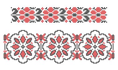 Güney Ukrayna 'dan geleneksel kırmızı ve siyah kenar süsleri ve çiçek desenli nakış desenleri.