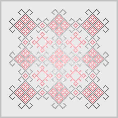 Boncuklu stil geleneksel Ukrayna nakışı, eşkenar dörtgen şekilli kırmızı ve siyah Mykolaiv bölgesinden kusursuz halk deseni