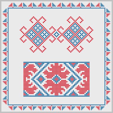 Geleneksel boncuklu kırmızı ve mavi tarihi süsler Ukrayna 'nın Mykolaiv bölgesinden tekrarlanan elementler