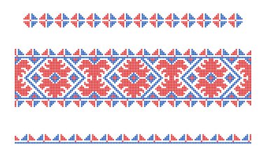 Ukrayna 'nın Mykolaiv bölgesinden kırmızı ve mavi el yapımı vyshyvanka süslemeleri, ince ve geniş sınırlar