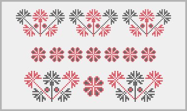 Etnik kırmızı ve siyah dekoratif süsler üç boyutlu boncuklu tarzda dizilmiş, Dnipro, Ukrayna desenleri