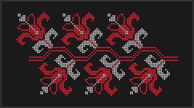 Ukrayna 'nın Dnipro bölgesinden kırmızı ve beyaz boncuklu etnik çiçek desenleri, siyah boncuklar.