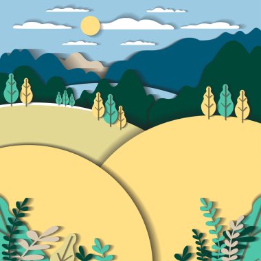 3d vector paper cut landscape with mountains, hills, field, tree, forest, lake, sky, clouds, sun. Cartoon illustration minimal handicraft style. Modern layout concept for background, poster, card