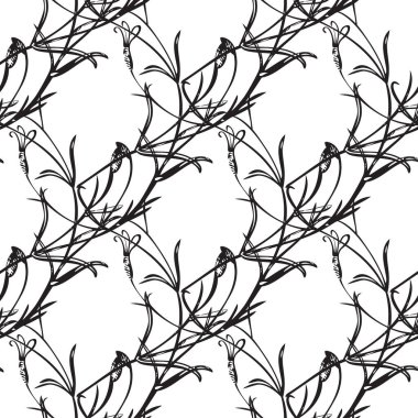 Botanik el, çiçeksiz desen çizmiş. Bahar bitkisi soyut arka planı. Yaratıcı karalama stili. Grafik tasarım duvar kağıdı, ambalaj, düğün davetiyesi, pankart temsilciliği