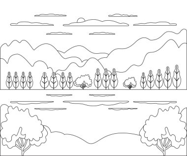 Peyzaj karikatürü vektör çizimi. Doğayla, dağla, tepeyle, ağaçla, gökyüzüyle, bulutla, güneşle grafiksel tasarım. Kırsal tarz soyut arkaplan kavramı sosyal medya, hikaye, post için ince çizgi kavramı