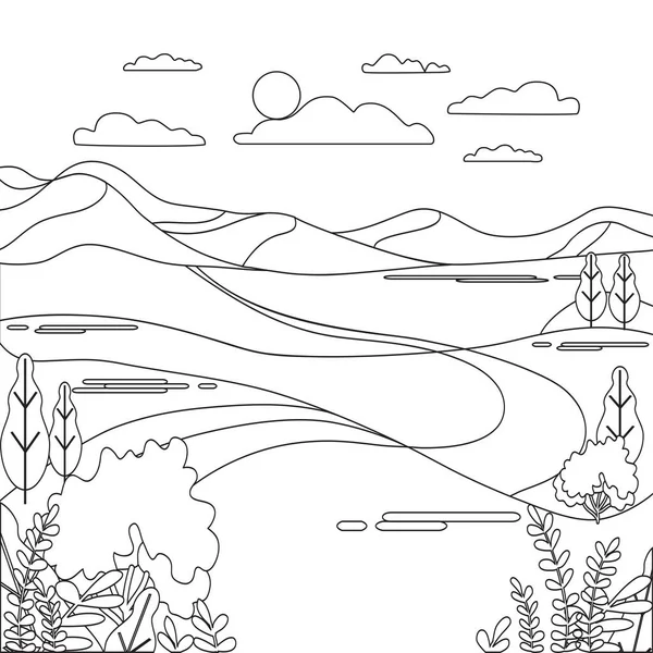 Paisagem Desenho Animado Ilustração Vetorial Panorama Design Gráfico Com Natureza — Vetor de Stock