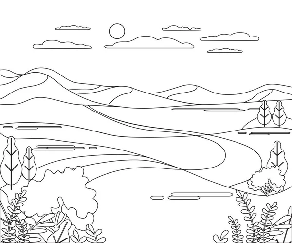 Paisagem Desenho Animado Ilustração Vetorial Panorama Design Gráfico Com Natureza —  Vetores de Stock